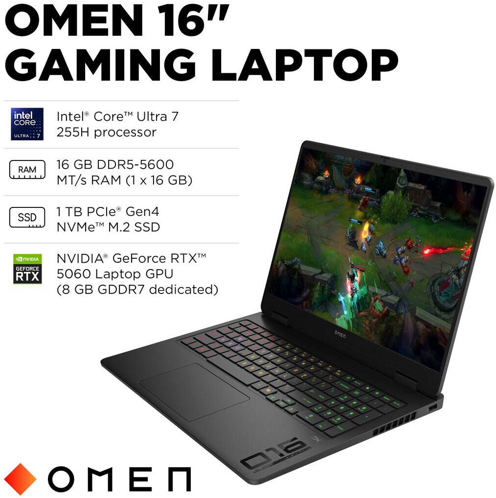 HP OMEN 16-AM0073 GAMING Core™ Ultra 7 255H 1TB SSD 16GB 16" (1920x1200) 144Hz WIN11 NVIDIA® 5060 8192MB SHADOW BLACK RGB Backlit Keyboard. - thumbnail