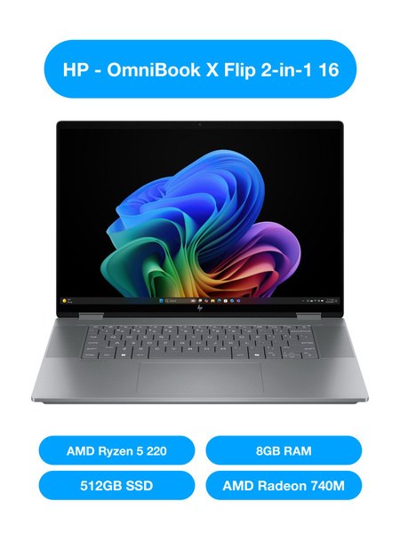 HP Laptop OmniBook X Flip 2-in-1 16-be0003dx AMD Ryzen 5-220 8GB /512GBSSD/16"2K/TOUCH/WIN11 /SILVER/ENG